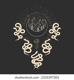 magical forest elements. images of a snake, night moth, fly agaric mushrooms, plant and space elements. Ideal for printing on fabric or clothing, wallpaper and wrapping paper