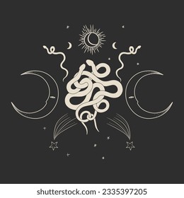 magical forest elements. images of a snake, night moth, fly agaric mushrooms, plant and space elements. Ideal for printing on fabric or clothing, wallpaper and wrapping paper