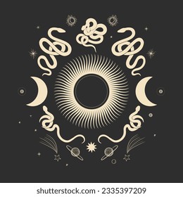 magical forest elements. images of a snake, night moth, fly agaric mushrooms, plant and space elements. Ideal for printing on fabric or clothing, wallpaper and wrapping paper