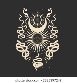 magical forest elements. images of a snake, night moth, fly agaric mushrooms, plant and space elements. Ideal for printing on fabric or clothing, wallpaper and wrapping paper