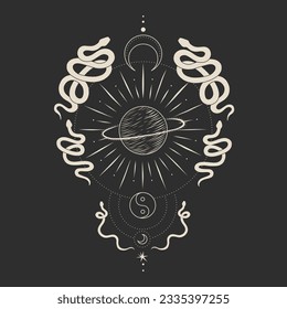 magical forest elements. images of a snake, night moth, fly agaric mushrooms, plant and space elements. Ideal for printing on fabric or clothing, wallpaper and wrapping paper