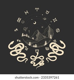 magical forest elements. images of a snake, night moth, fly agaric mushrooms, plant and space elements. Ideal for printing on fabric or clothing, wallpaper and wrapping paper