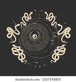 magical forest elements. images of a snake, night moth, fly agaric mushrooms, plant and space elements. Ideal for printing on fabric or clothing, wallpaper and wrapping paper