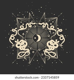 magical forest elements. images of a snake, night moth, fly agaric mushrooms, plant and space elements. Ideal for printing on fabric or clothing, wallpaper and wrapping paper