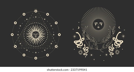 magical forest elements. images of a snake, night moth, fly agaric mushrooms, plant and space elements. Ideal for printing on fabric or clothing, wallpaper and wrapping paper