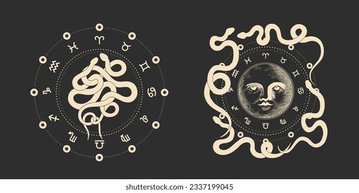 magical forest elements. images of a snake, night moth, fly agaric mushrooms, plant and space elements. Ideal for printing on fabric or clothing, wallpaper and wrapping paper