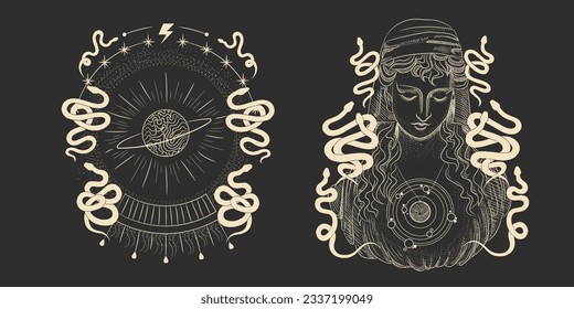 magical forest elements. images of a snake, night moth, fly agaric mushrooms, plant and space elements. Ideal for printing on fabric or clothing, wallpaper and wrapping paper