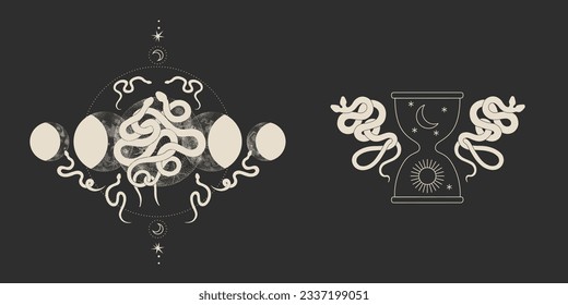 magical forest elements. images of a snake, night moth, fly agaric mushrooms, plant and space elements. Ideal for printing on fabric or clothing, wallpaper and wrapping paper