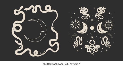 magical forest elements. images of a snake, night moth, fly agaric mushrooms, plant and space elements. Ideal for printing on fabric or clothing, wallpaper and wrapping paper