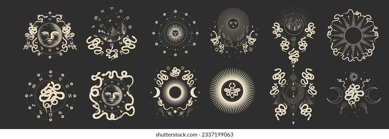 magical forest elements. images of a snake, night moth, fly agaric mushrooms, plant and space elements. Ideal for printing on fabric or clothing, wallpaper and wrapping paper