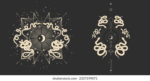 magical forest elements. images of a snake, night moth, fly agaric mushrooms, plant and space elements. Ideal for printing on fabric or clothing, wallpaper and wrapping paper