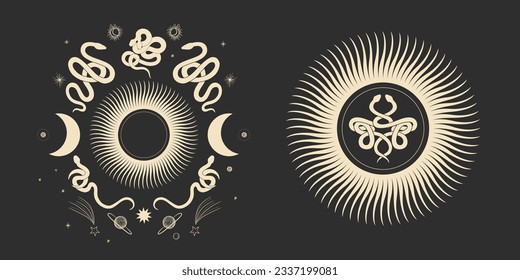magical forest elements. images of a snake, night moth, fly agaric mushrooms, plant and space elements. Ideal for printing on fabric or clothing, wallpaper and wrapping paper