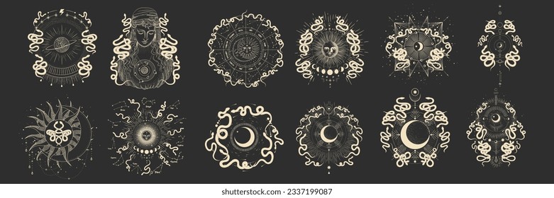 magical forest elements. images of a snake, night moth, fly agaric mushrooms, plant and space elements. Ideal for printing on fabric or clothing, wallpaper and wrapping paper