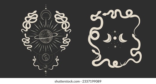 magical forest elements. images of a snake, night moth, fly agaric mushrooms, plant and space elements. Ideal for printing on fabric or clothing, wallpaper and wrapping paper