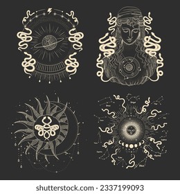 magical forest elements. images of a snake, night moth, fly agaric mushrooms, plant and space elements. Ideal for printing on fabric or clothing, wallpaper and wrapping paper