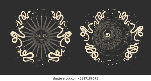 magical forest elements. images of a snake, night moth, fly agaric mushrooms, plant and space elements. Ideal for printing on fabric or clothing, wallpaper and wrapping paper