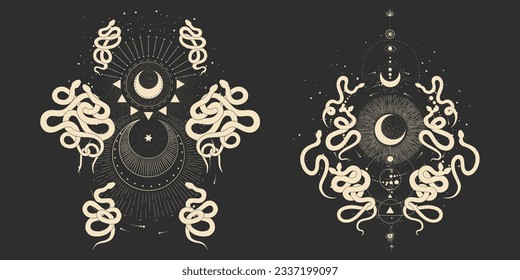 magical forest elements. images of a snake, night moth, fly agaric mushrooms, plant and space elements. Ideal for printing on fabric or clothing, wallpaper and wrapping paper