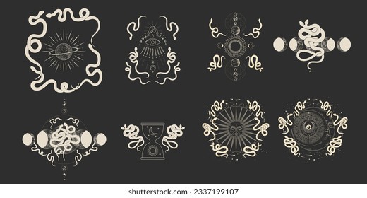 magical forest elements. images of a snake, night moth, fly agaric mushrooms, plant and space elements. Ideal for printing on fabric or clothing, wallpaper and wrapping paper