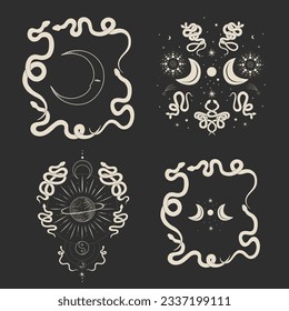 magical forest elements. images of a snake, night moth, fly agaric mushrooms, plant and space elements. Ideal for printing on fabric or clothing, wallpaper and wrapping paper