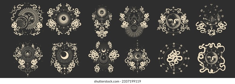 magical forest elements. images of a snake, night moth, fly agaric mushrooms, plant and space elements. Ideal for printing on fabric or clothing, wallpaper and wrapping paper