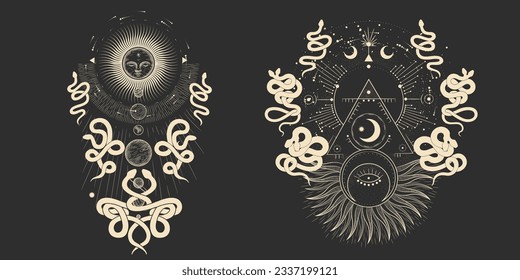 magical forest elements. images of a snake, night moth, fly agaric mushrooms, plant and space elements. Ideal for printing on fabric or clothing, wallpaper and wrapping paper