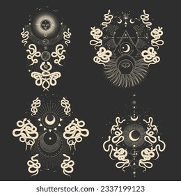 magical forest elements. images of a snake, night moth, fly agaric mushrooms, plant and space elements. Ideal for printing on fabric or clothing, wallpaper and wrapping paper