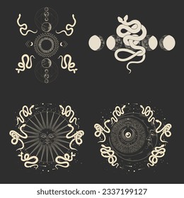 magical forest elements. images of a snake, night moth, fly agaric mushrooms, plant and space elements. Ideal for printing on fabric or clothing, wallpaper and wrapping paper