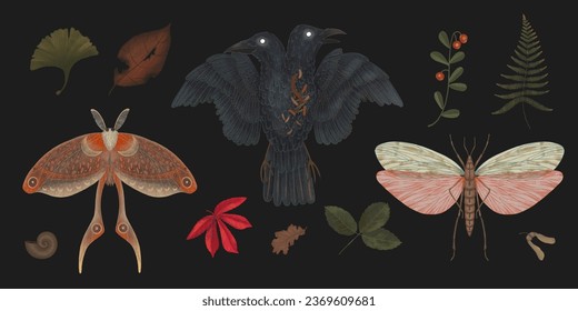 magical forest elements. images of a snake, night moth, fly agaric mushrooms, plant and space elements. Ideal for printing on fabric or clothing, wallpaper and wrapping paper