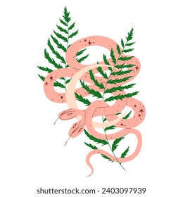 magical forest elements. images of a snake, night moth, fly agaric mushrooms, plant and space elements. Ideal for printing on fabric or clothing, wall