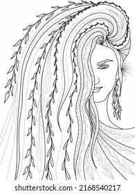 magical forest fairy, elven princess with long hair in foliage and flowers coloring book