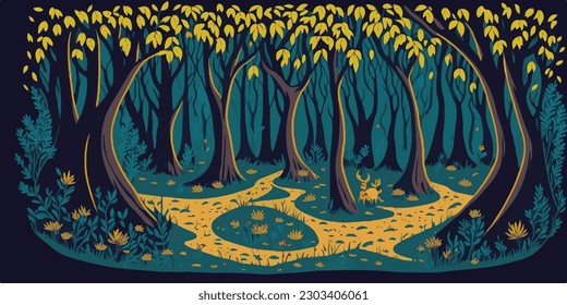 Magical forest. Fairy forest. Flat illustration of fairytale forest.