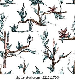 Magical forest of fantasy painted flowers on white background, seamless fairy pattern