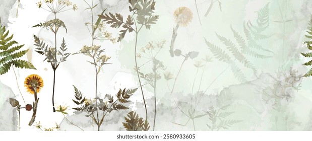 Magical forest, fern leaves, spring flowers. Floral seamless pattern. Soft watercolor background. Vector illustration. Vintage Template for textile, wallpaper.