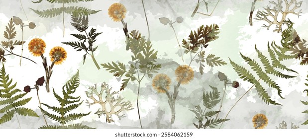 Magical forest, fern leaves, spring flowers. Floral seamless pattern. Soft watercolor background. Vector illustration. Vintage Template for textile, wallpaper.