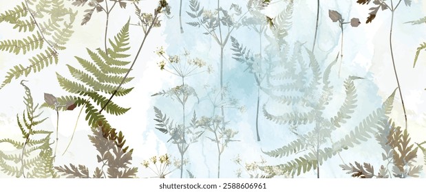 Magical forest, fern leaves, spring flowers. Floral seamless pattern. Soft watercolor background. Vector illustration. Vintage Template for textile, wallpaper.