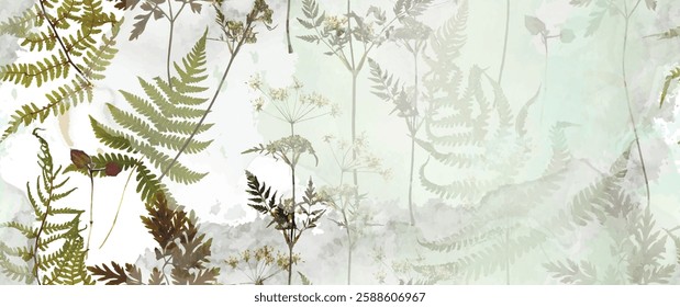 Magical forest, fern leaves, spring flowers. Floral seamless pattern. Soft watercolor background. Vector illustration. Vintage Template for textile, wallpaper.