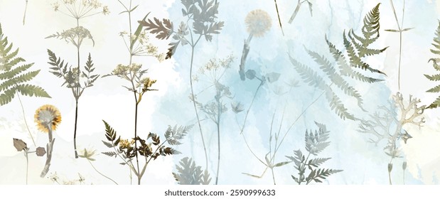 Magical forest, fern leaves, spring flowers. Floral seamless pattern. Soft watercolor background. Vector illustration. Vintage Template for textile, wallpaper.