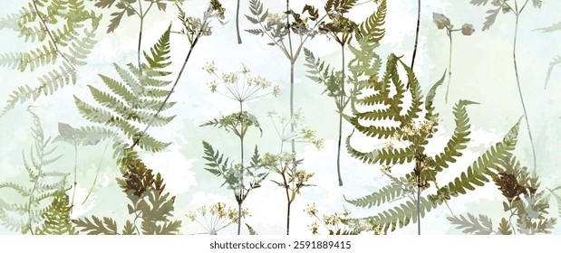 Magical forest, fern leaves, spring flowers. Floral seamless pattern. Soft watercolor background. Vector illustration. Vintage Template for textile, wallpaper.