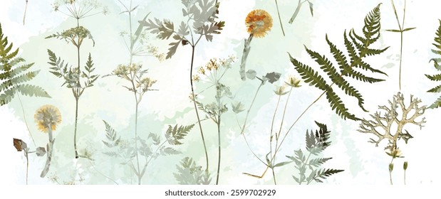 Magical forest, fern leaves, spring flowers. Floral seamless pattern. Soft watercolor background. Vector illustration. Vintage Template for textile, wallpaper.
