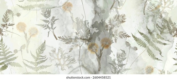 Magical forest, fern leaves, spring flowers. Floral seamless pattern. Soft watercolor background. Vector illustration. Vintage Template for textile, wallpaper.