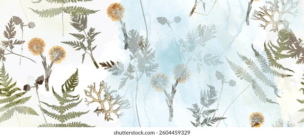 Magical forest, fern leaves, spring flowers. Floral seamless pattern. Soft watercolor background. Vector illustration. Vintage Template for textile, wallpaper.