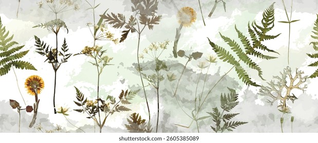 Magical forest, fern leaves, spring flowers. Floral seamless pattern. Soft watercolor background. Vector illustration. Vintage Template for textile, wallpaper.