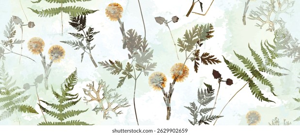 Magical forest, fern leaves, spring flowers. Floral seamless pattern. Soft watercolor background. Vector illustration. Vintage Template for textile, wallpaper.