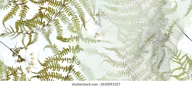 Floresta mágica, folhas de samambaia, flores de primavera. Padrão floral sem emenda. Fundo de aquarela suave. Ilustração vetorial. Modelo vintage para têxtil, papel de parede.