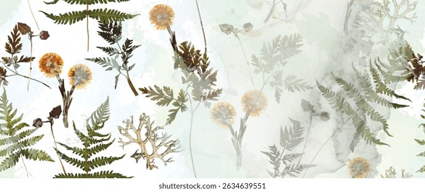 Floresta mágica, folhas de samambaia, flores de primavera. Padrão floral sem emenda. Fundo de aquarela suave. Ilustração vetorial. Modelo vintage para têxtil, papel de parede.