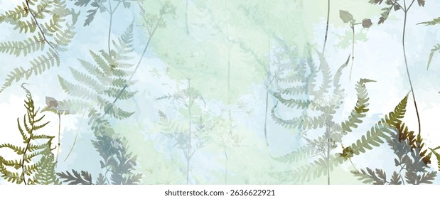 Magical forest, fern leaves, spring flowers. Floral seamless pattern. Soft watercolor background. Vector illustration. Vintage Template for textile, wallpaper.