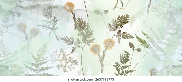 Magical forest, fern leaves, spring flowers. Floral seamless pattern. Soft watercolor background. Vector illustration. Vintage Template for textile, wallpaper.