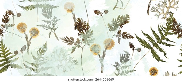 Floresta mágica, folhas de samambaia, flores de primavera. Padrão floral sem emenda. Fundo de aquarela suave. Ilustração vetorial. Modelo vintage para têxtil, papel de parede.