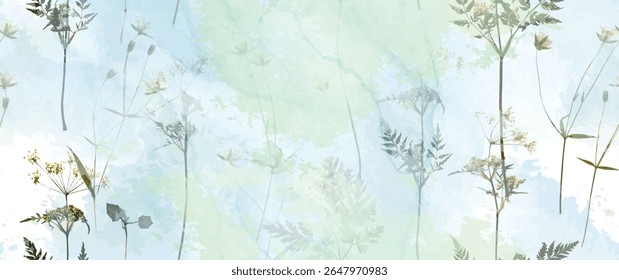 Floresta mágica, folhas de samambaia, flores de primavera. Padrão floral sem emenda. Fundo de aquarela suave. Ilustração vetorial. Modelo vintage para têxtil, papel de parede.