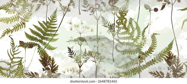 Floresta mágica, folhas de samambaia, flores de primavera. Padrão floral sem emenda. Fundo de aquarela suave. Ilustração vetorial. Modelo vintage para têxtil, papel de parede.